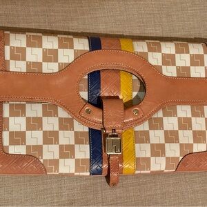 L.A.M.B. Tan Carlisle Foldover Clutch with Blue and Yellow Accents